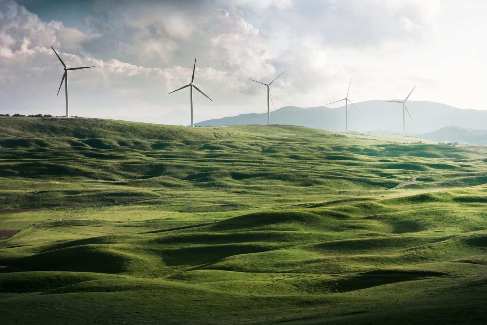 Wind turbines on ridge of green fields